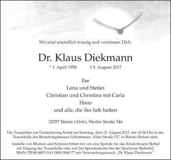 Traueranzeige von Klaus Diekmann von Neue Westfälische