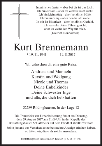 Traueranzeige von Kurt Brennemann von Neue Westfälische
