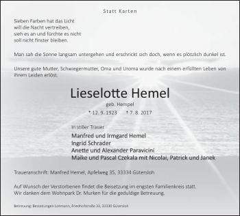Traueranzeige von Lieselotte Hemel von Neue Westfälische
