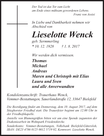 Traueranzeige von Lieselotte Wenck von Neue Westfälische