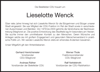 Traueranzeige von Lieselotte Wenck von Neue Westfälische