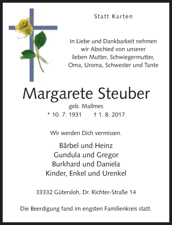 Traueranzeige von Margarete Steuber von Neue Westfälische