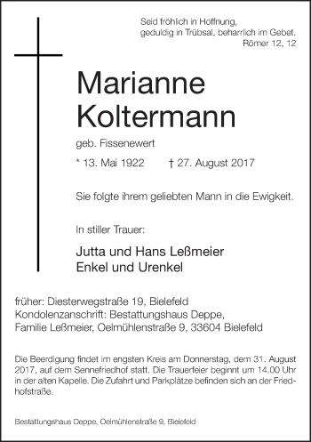 Traueranzeige von Marianne Koltermann von Neue Westfälische