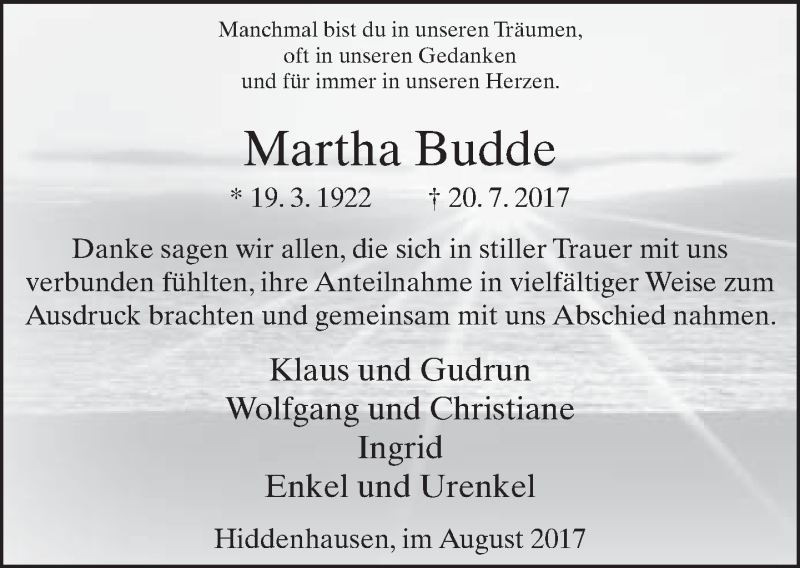  Traueranzeige für Martha Budde vom 26.08.2017 aus Neue Westfälische