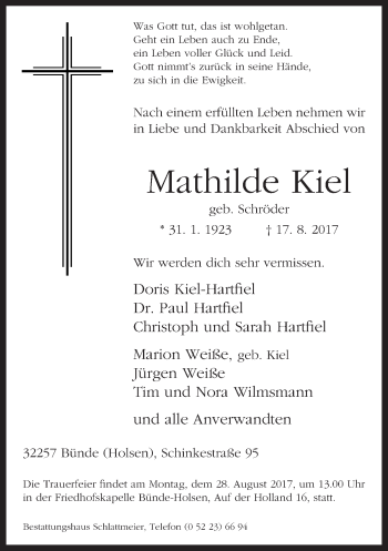Traueranzeige von Mathilde Kiel von Neue Westfälische