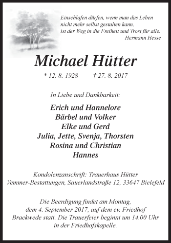 Traueranzeige von Michael Hütter von Neue Westfälische