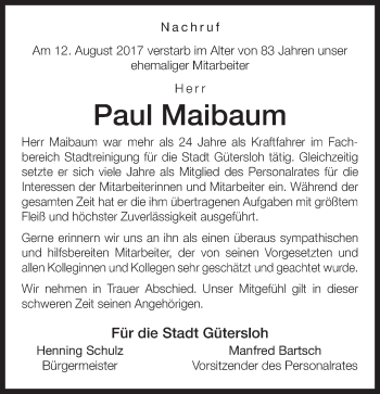Traueranzeige von Paul Maibaum von Neue Westfälische