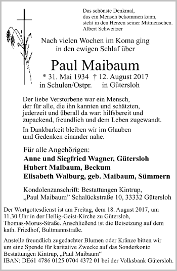 Traueranzeige von Paul Maibaum von Neue Westfälische