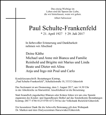 Traueranzeige von Paul Schulte-Frankenfeld von Neue Westfälische