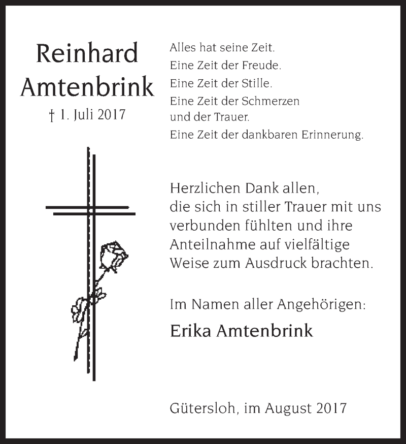  Traueranzeige für Reinhard Amtenbrink vom 12.08.2017 aus Neue Westfälische