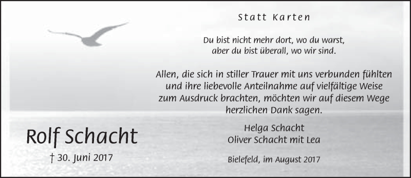  Traueranzeige für Rolf Schacht vom 19.08.2017 aus Neue Westfälische