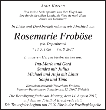 Traueranzeige von Rosemarie Froböse von Neue Westfälische