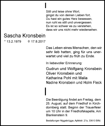Traueranzeige von Sascha Kronsbein von Neue Westfälische