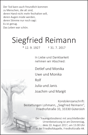 Traueranzeige von Siegfried Reimann von Neue Westfälische