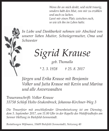 Traueranzeige von Sigrid Krause von Neue Westfälische