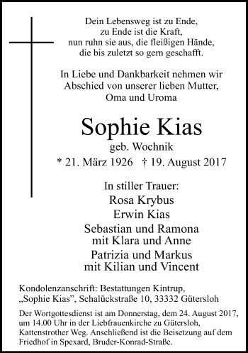 Traueranzeige von Sophia Kias von Neue Westfälische