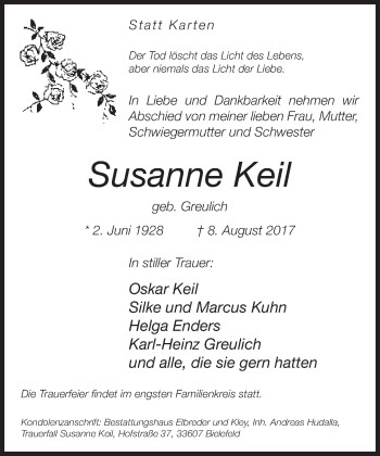 Traueranzeige von Susanne Keil von Neue Westfälische