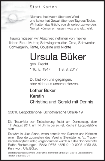 Traueranzeige von Ursula Büker von Neue Westfälische