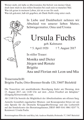 Traueranzeige von Ursula Fuchs von Neue Westfälische