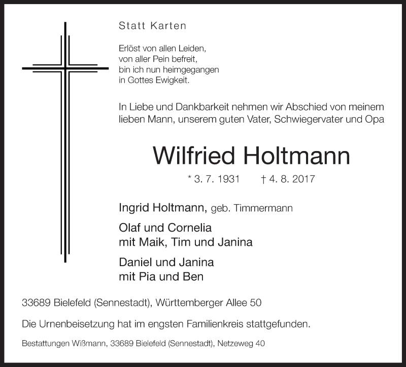  Traueranzeige für Wilfried Holtmann vom 16.08.2017 aus Neue Westfälische
