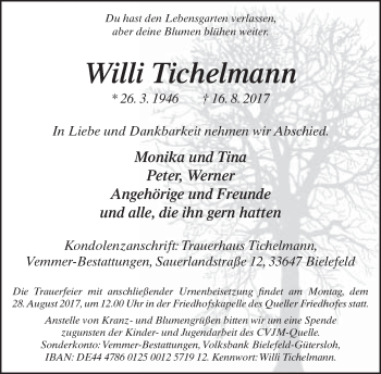 Traueranzeige von Willi Tichelmann von Neue Westfälische