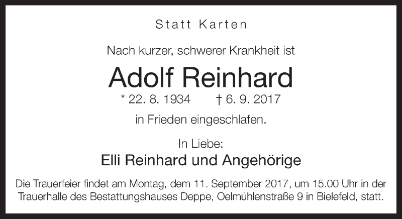  Traueranzeige für Adolf Reinhard vom 09.09.2017 aus Neue Westfälische