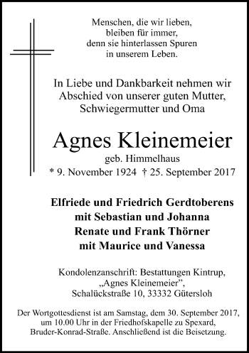Traueranzeige von Agnes Kleinemeier von Neue Westfälische