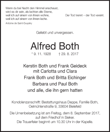 Traueranzeige von Alfred Both von Neue Westfälische