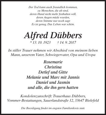 Traueranzeige von Alfred Dübbers von Neue Westfälische