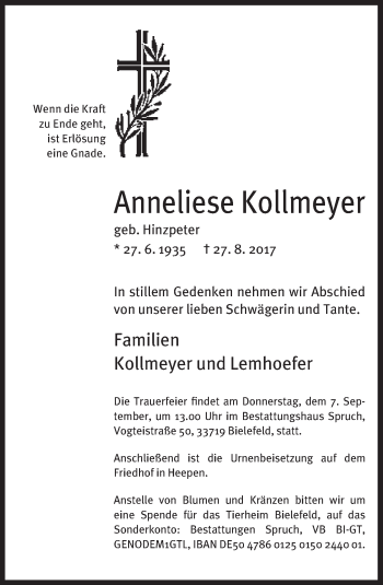 Traueranzeige von Anneliese Kollmeyer von Neue Westfälische