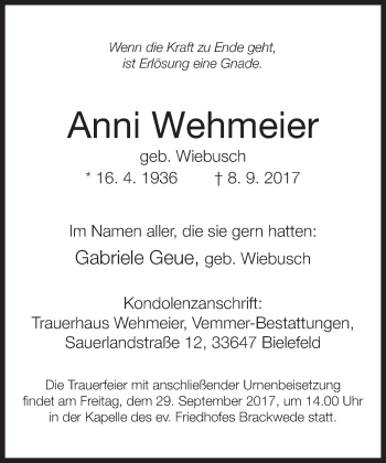 Traueranzeige von Anni Wehmeier von Neue Westfälische