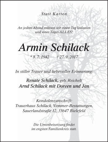 Traueranzeige von Armin Schilack von Neue Westfälische