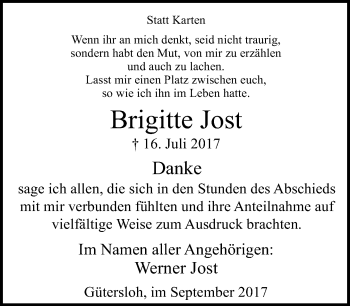 Traueranzeige von Brigitte Jost von Neue Westfälische