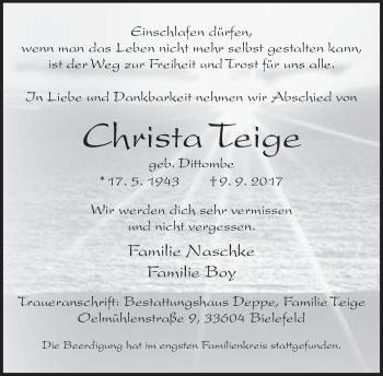 Traueranzeige von Christa Teige von Neue Westfälische