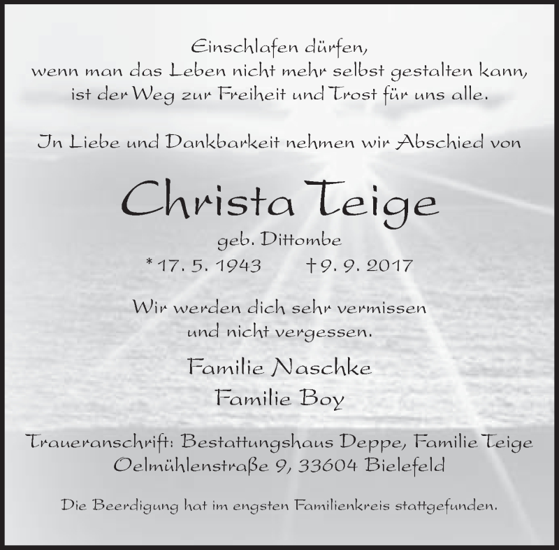  Traueranzeige für Christa Teige vom 23.09.2017 aus Neue Westfälische