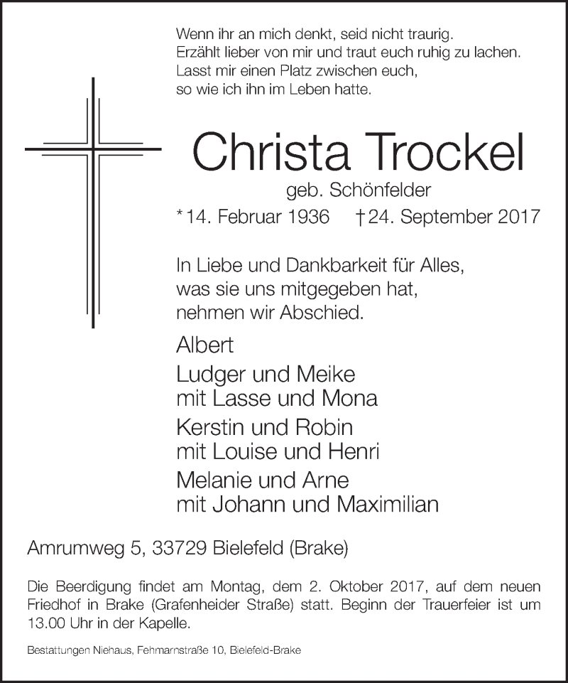  Traueranzeige für Christa Trockel vom 27.09.2017 aus Neue Westfälische