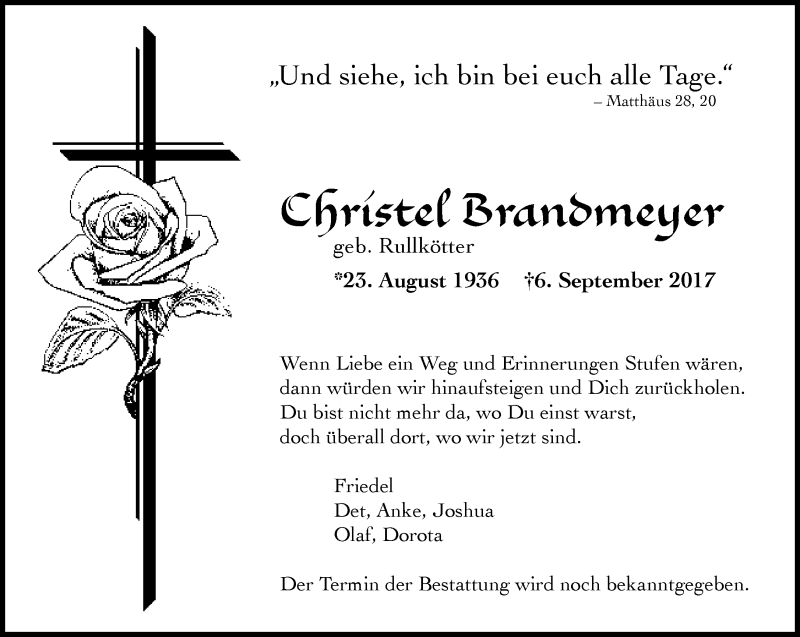  Traueranzeige für Christel Brandmeyer vom 16.09.2017 aus Neue Westfälische