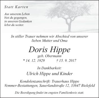 Traueranzeige von Doris Hippe von Neue Westfälische