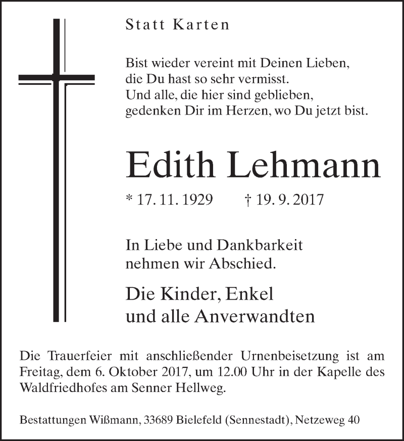  Traueranzeige für Edith Lehmann vom 30.09.2017 aus Neue Westfälische