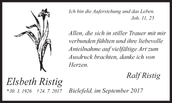 Traueranzeige von Elsbeth Ristig von Neue Westfälische