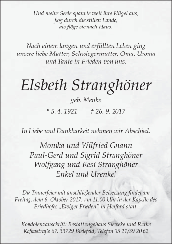 Traueranzeige von Elsbeth Stranghöner von Neue Westfälische