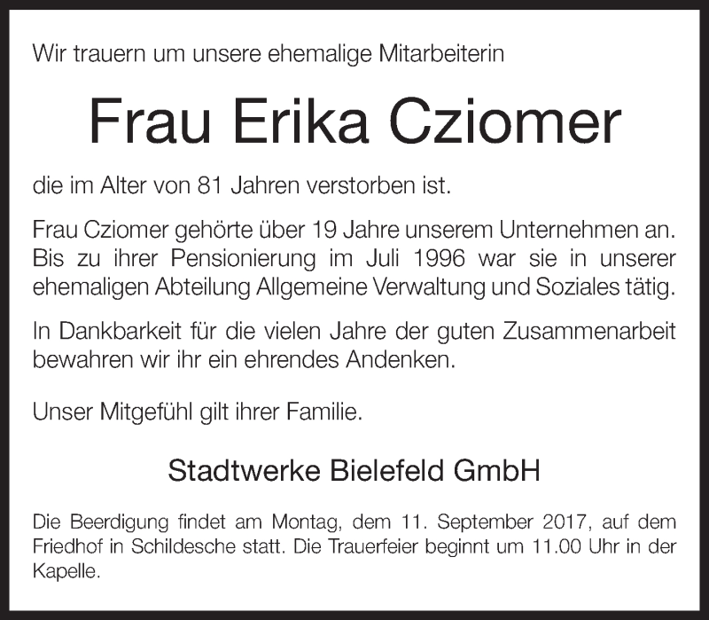  Traueranzeige für Erika Cziomer vom 11.09.2017 aus Neue Westfälische