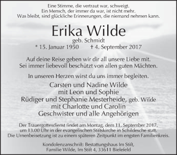 Traueranzeige von Erika Wilde von Neue Westfälische