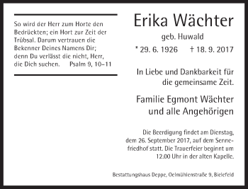 Traueranzeige von Erika Wächter von Neue Westfälische