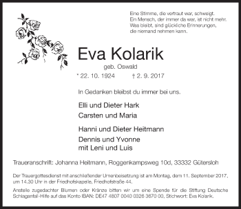 Traueranzeige von Eva Kolarik von Neue Westfälische