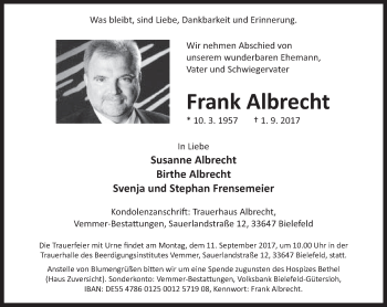 Traueranzeige von Frank Albrecht von Neue Westfälische