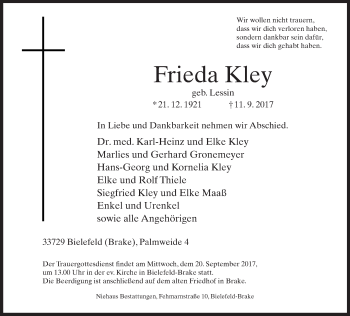 Traueranzeige von Frieda Kley von Neue Westfälische