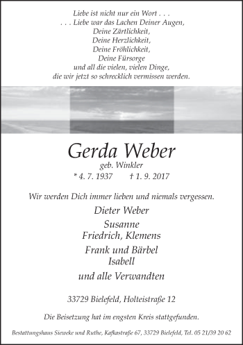 Traueranzeige von Gerda Weber von Neue Westfälische