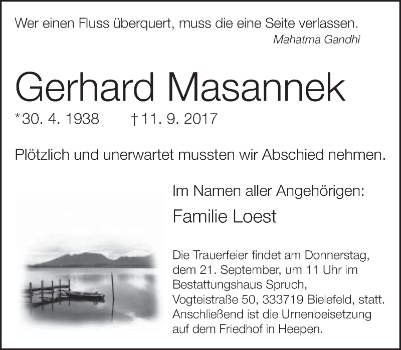  Traueranzeige für Gerhard Masannek vom 16.09.2017 aus Neue Westfälische