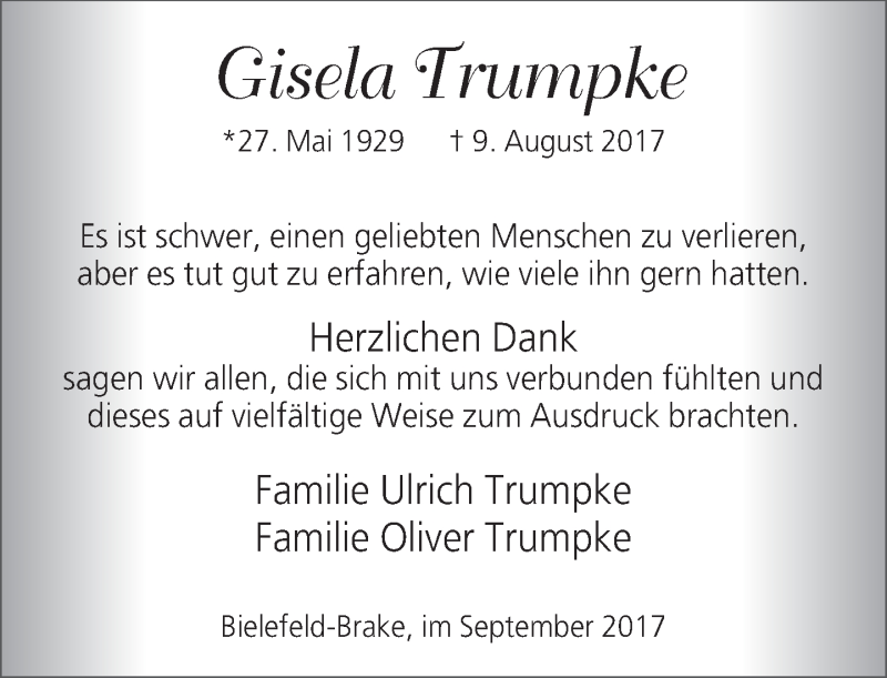  Traueranzeige für Gisela Trumpke vom 09.09.2017 aus Neue Westfälische